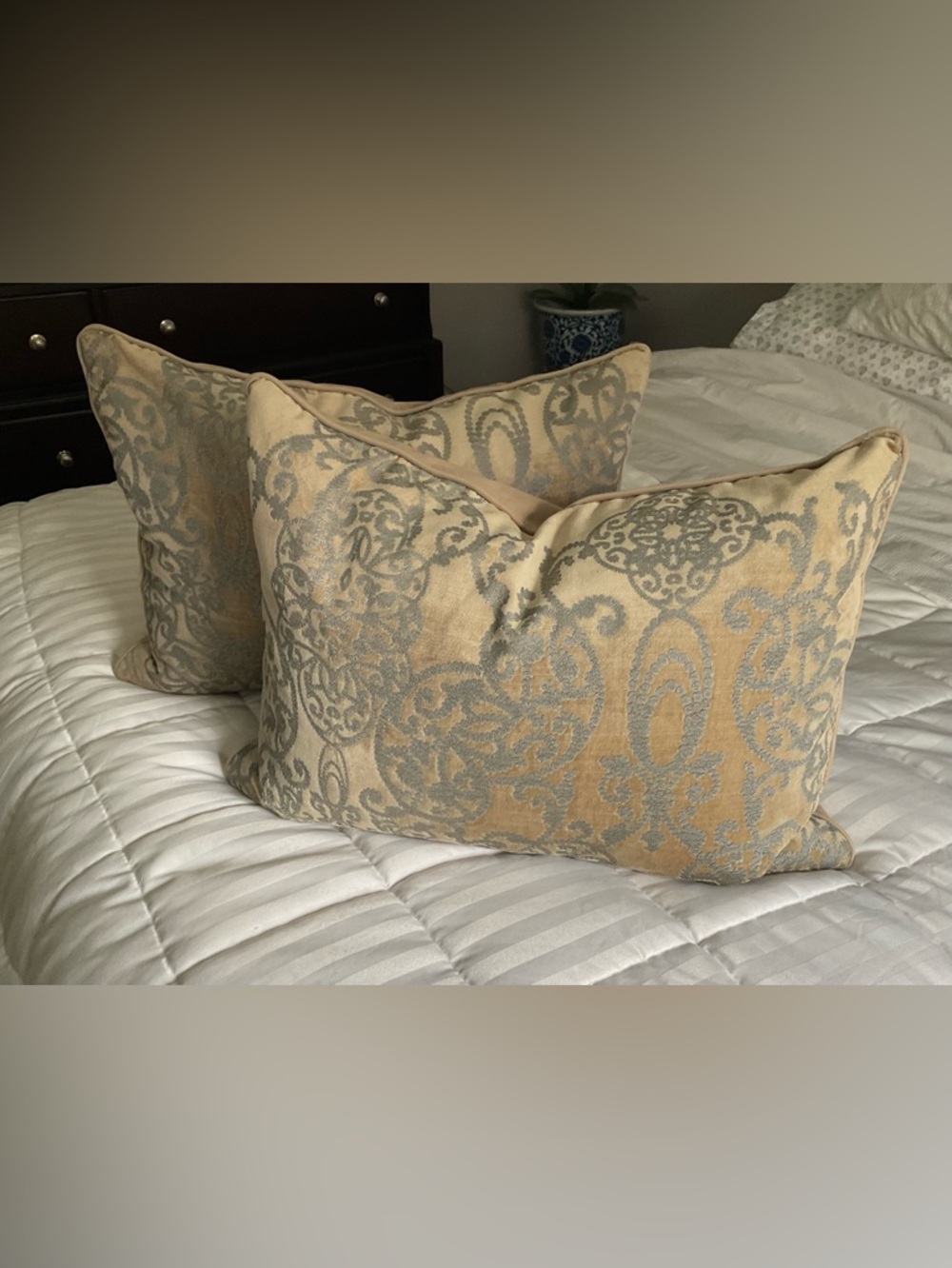 Neutral Beige and Gray Damask Accent Pillow Pair